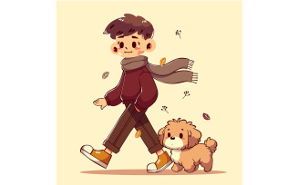Cartoon Boy Walking with His Dog