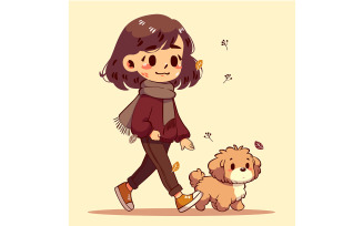 Cartoon Girl Walking with a Dog