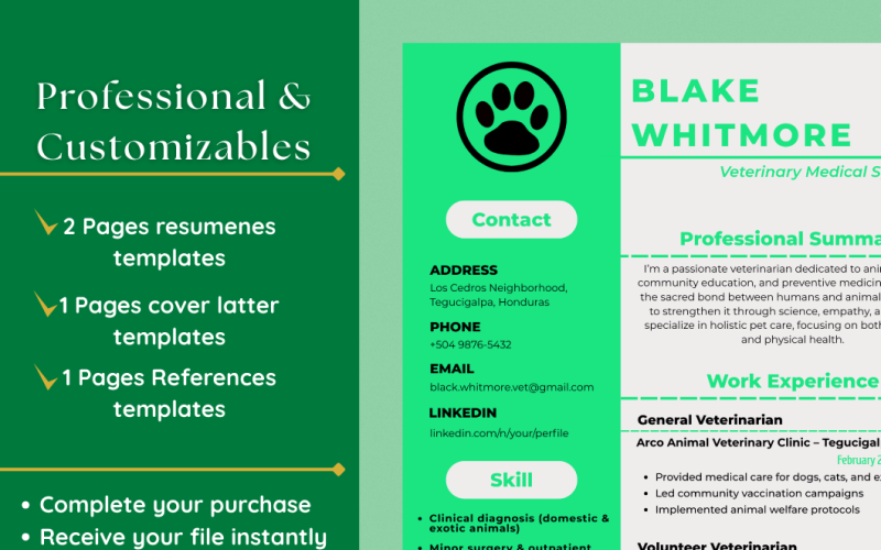 Editable Veterinary Resume Template for Canva + Cover Letter & Recommendation
