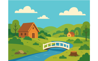 Village with River Crossing Bridge