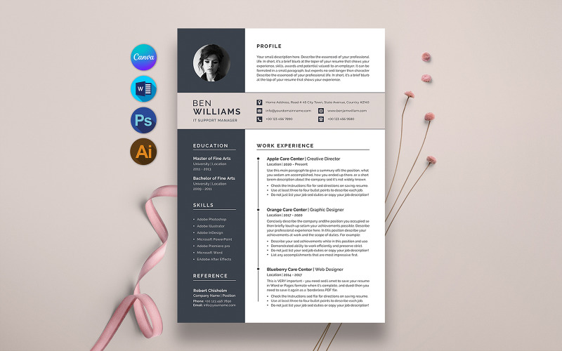 Modern Resume Template Canva & MS Word For IT Support Resume