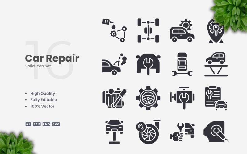 16 Car Repair Solid Icons Set Icon Set