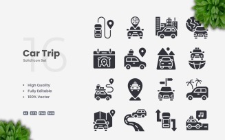 16 Car Trip Solid Icons Set