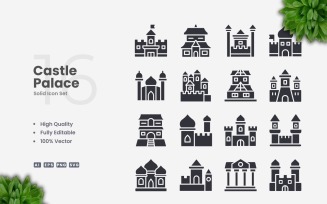 16 Castle Palace Solid Icons Set