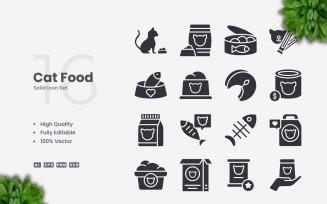 16 Cat Food Solid Icons Set