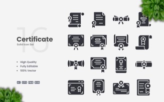 16 Certificate Solid Icons Set