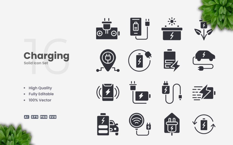 16 Charging Solid Icons Set Icon Set