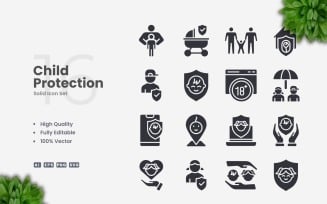 16 Child Protection Solid Icons Set
