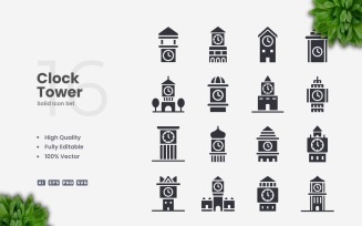16 Clock Tower Solid Icons Set