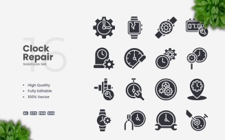 16 Clock Repair Solid Icons Set