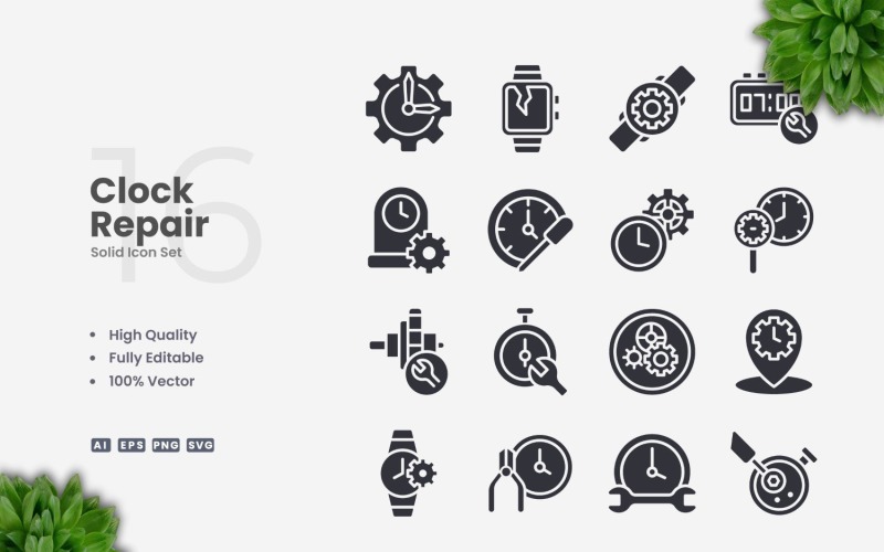 16 Clock Repair Solid Icons Set Icon Set