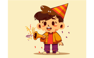 Boy Wearing Colorful Party Hat and Holding Trumpet