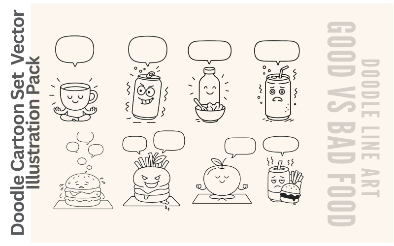 Doodle Cartoon Set – 8 Editable Line Art Characters with Speech Bubbles Illustration