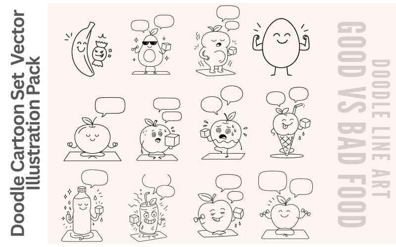 Food Doodle Vector Bundle Editable Cartoon Line Art Characters with Speech Bubbles Illustration