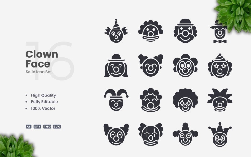 16 Clown Face Solid Icons Set Icon Set
