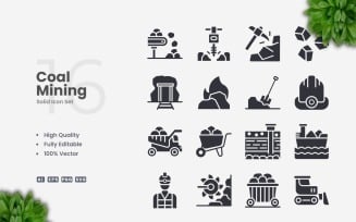 16 Coal Mining Solid Icons Set
