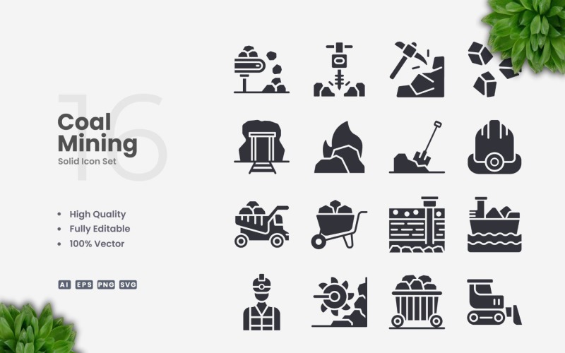16 Coal Mining Solid Icons Set Icon Set