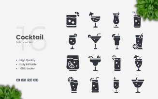 16 Cocktail Solid Icons Set