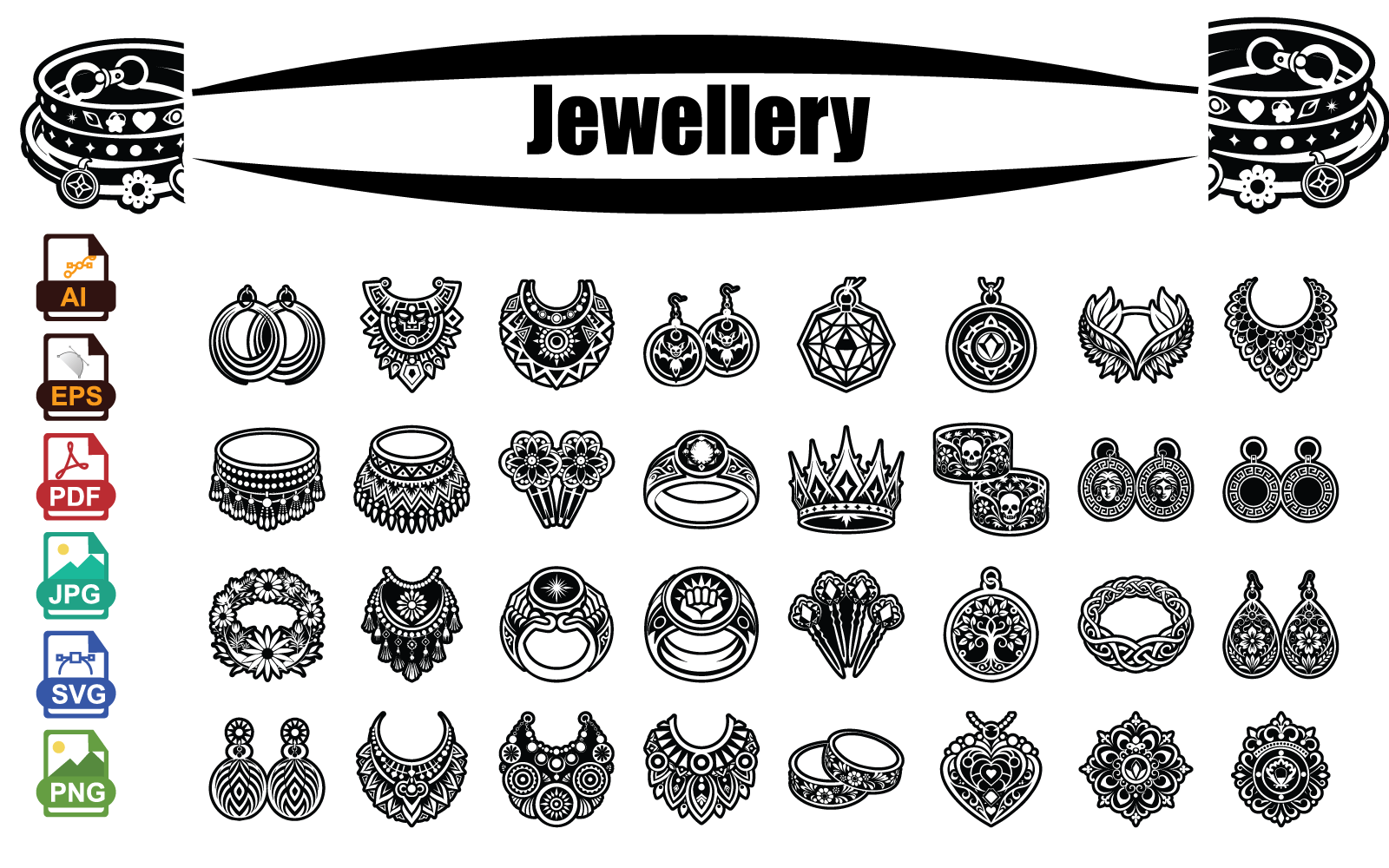 Luxury Jewellery Vector Icons – Elegant Rings, Necklaces, Earrings, Bracelets & Gemstone