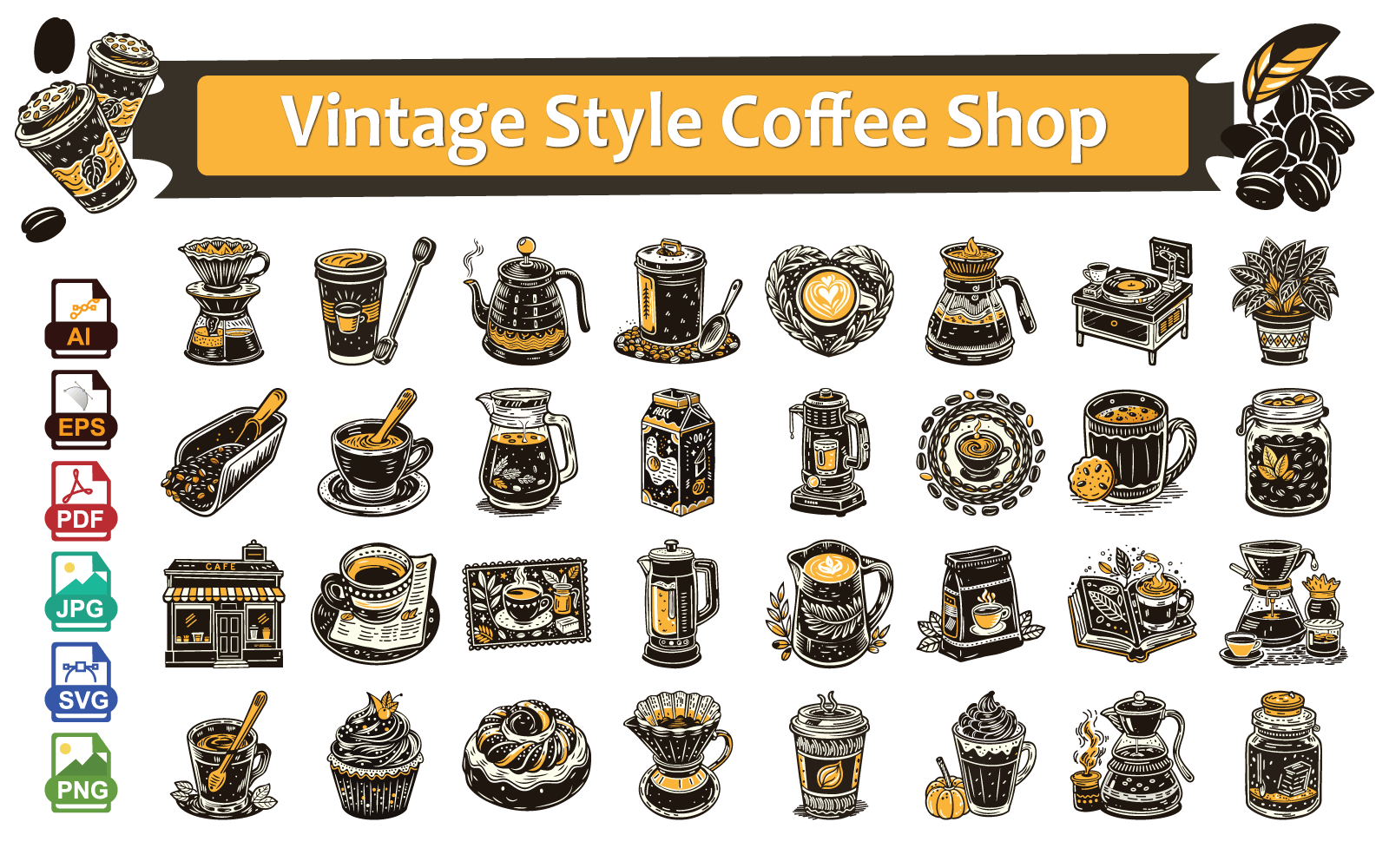 Vintage Style Coffee Shop Vector Icons – Retro Café Logos, Coffee Cups for Branding and Design Icon Set