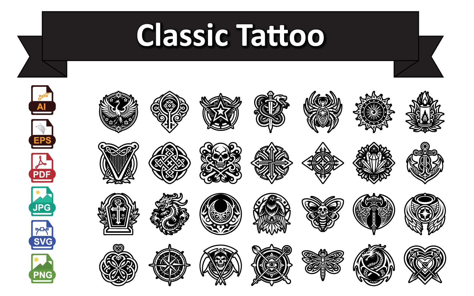 Classic Tattoo Icon Pack | Retro Ink Symbols, Old School Tattoo Vector Bundle