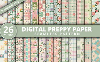 Digital Preppy Paper Seamless Patterns | 26 Pastel Floral & Plaid Digital Papers Pattern