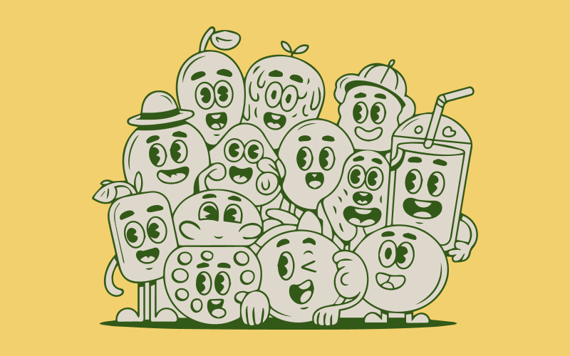 Cute Kawaii Fruit Faces Vector Illustration