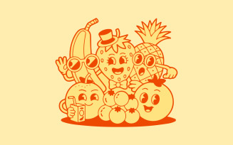Funny Cartoon Fruits Characters Line Art Vector