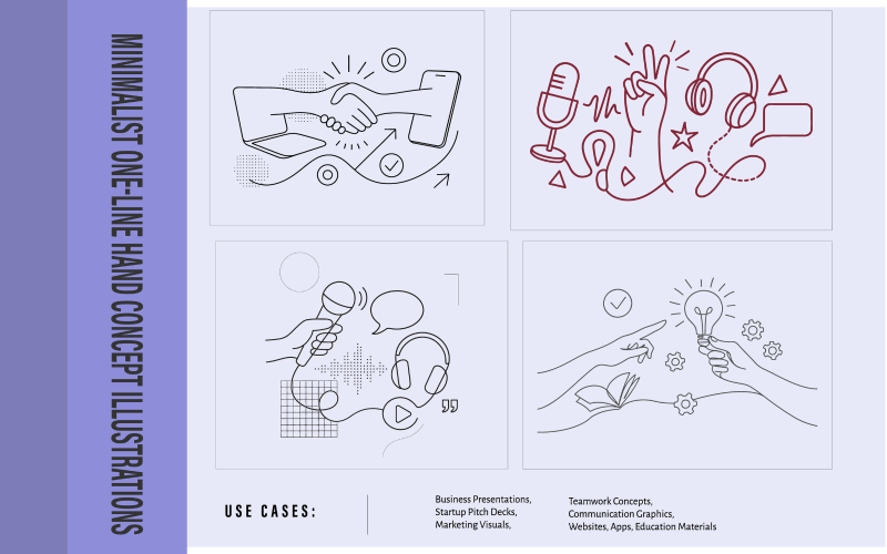 Minimalist One-Line Business Partnership, Podcast Innovation collage style Vector Illustrations