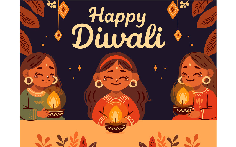 Group of Girls Celebrating Diwali Illustration
