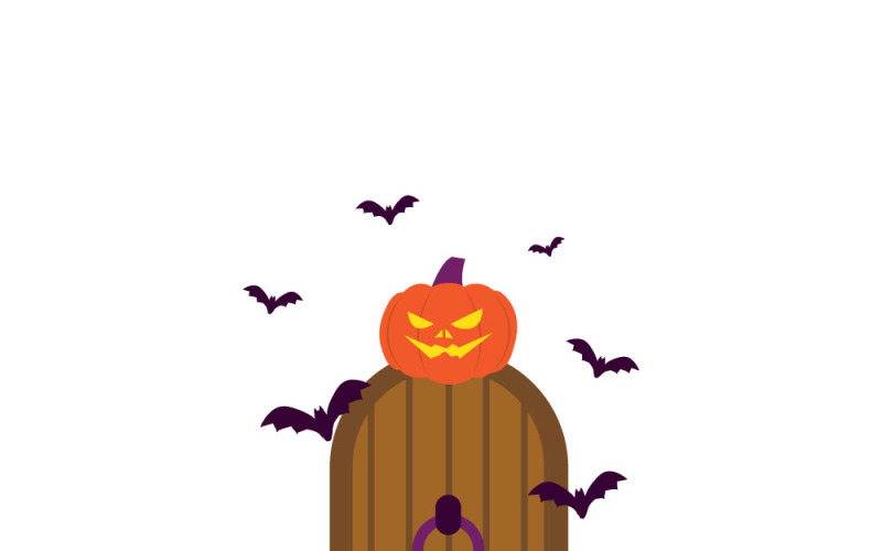 Spooky Halloween Door with Carved Pumpkin and Bats Illustration Vector Graphic
