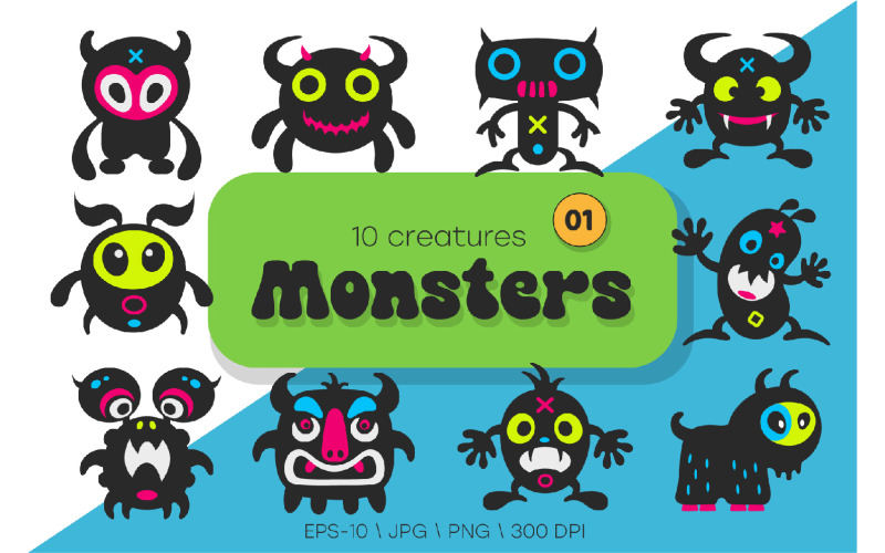 Whimsical Monsters Pack 01. Tshirt, PNG. Illustration