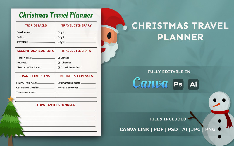 Christmas Travel Planner | Editable Holiday Planner Template for Canva & KDP
