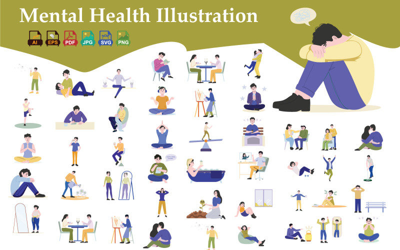 Modern Mental Health Awareness Illustration – Mindfulness, Self Care, Emotional Wellness, Therapy