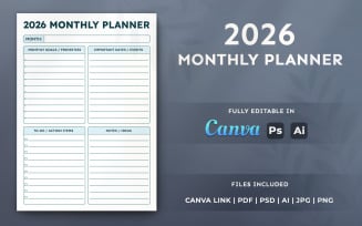 2026 Monthly Planner – Editable Canva Template, Printable Organizer, KDP Interior