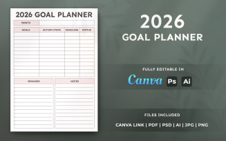 2026 Goal Planner Template | Editable Canva Printable Planner for KDP and Designers