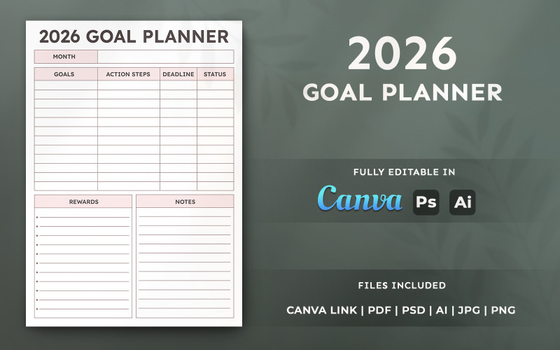2026 Goal Planner Template | Editable Canva Printable Planner for KDP and Designers