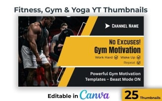 25 Gym Fitness and Yoga YouTube Thumbnails Editable in Canva