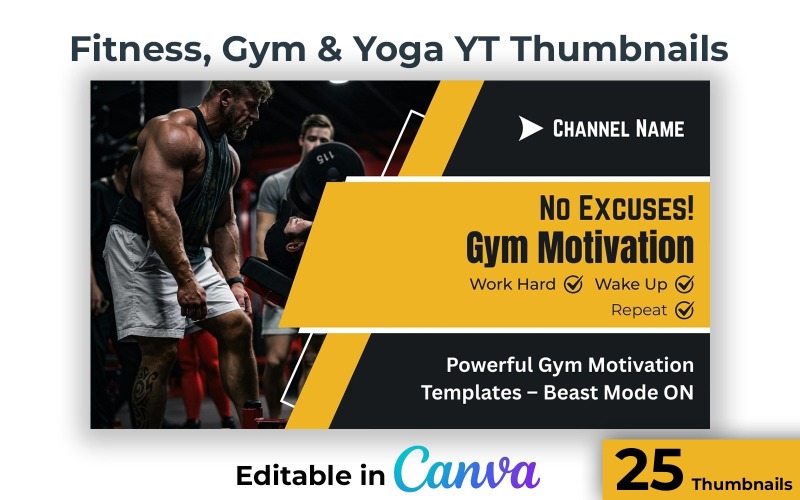 25 Gym Fitness and Yoga YouTube Thumbnails Editable in Canva Social Media