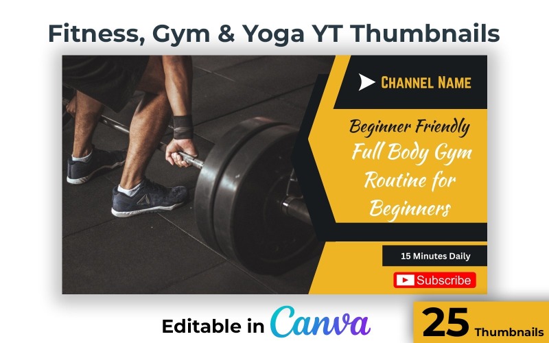 Professional Workout Gym Yoga and Fitness YouTube Thumbnails Editable in Canva Social Media
