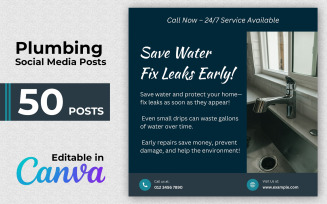 A high-quality collection of 50 editable Canva templates for plumbing businesses