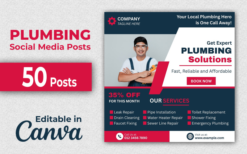 Plumber Canva Templates - 50 Plumbing Social Media Posts Editable in Canva