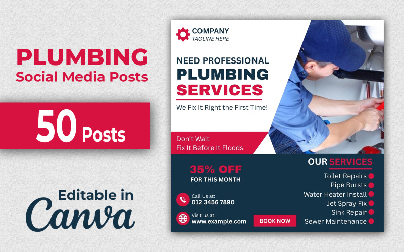 Plumbing Social Pack - 50 Plumbing Social Media Posts Editable in Canva