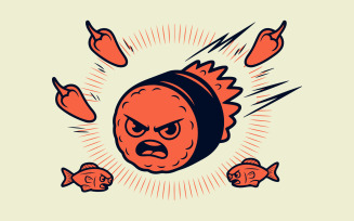 Angry Sushi | Funny Black & White Japanese Food Vector Logo with Running Peppers and Fish