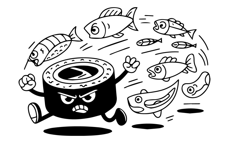 Angry Sushi Chase | Funny Japanese Food Mascot Logo with Peppers Running Away Illustration