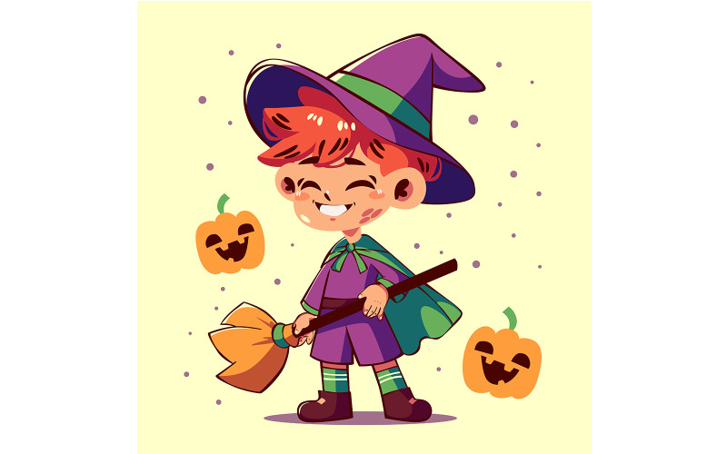 Cartoon Boy Dressed as a Witch for Halloween Illustration