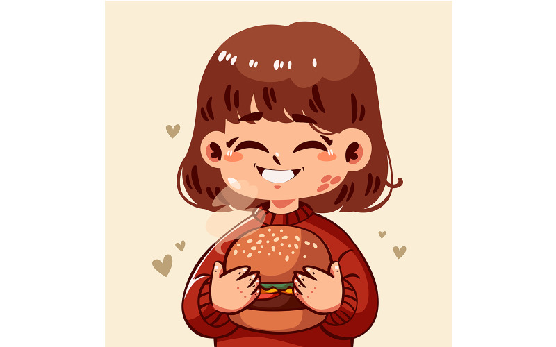 Cartoon Girl Happily Holding Burger Illustration