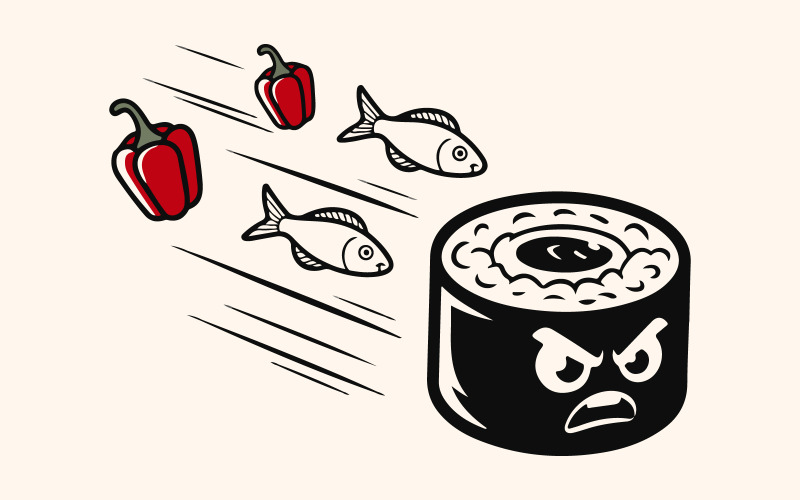 Cartoon Sushi Predator Chasing Prey - Bold Comic Book Style Art Illustration