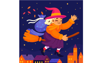 Cartoon Witch Flying on Broom