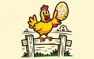 Happy Cartoon Chicken with Egg on Farm Fence - Vector Illustration